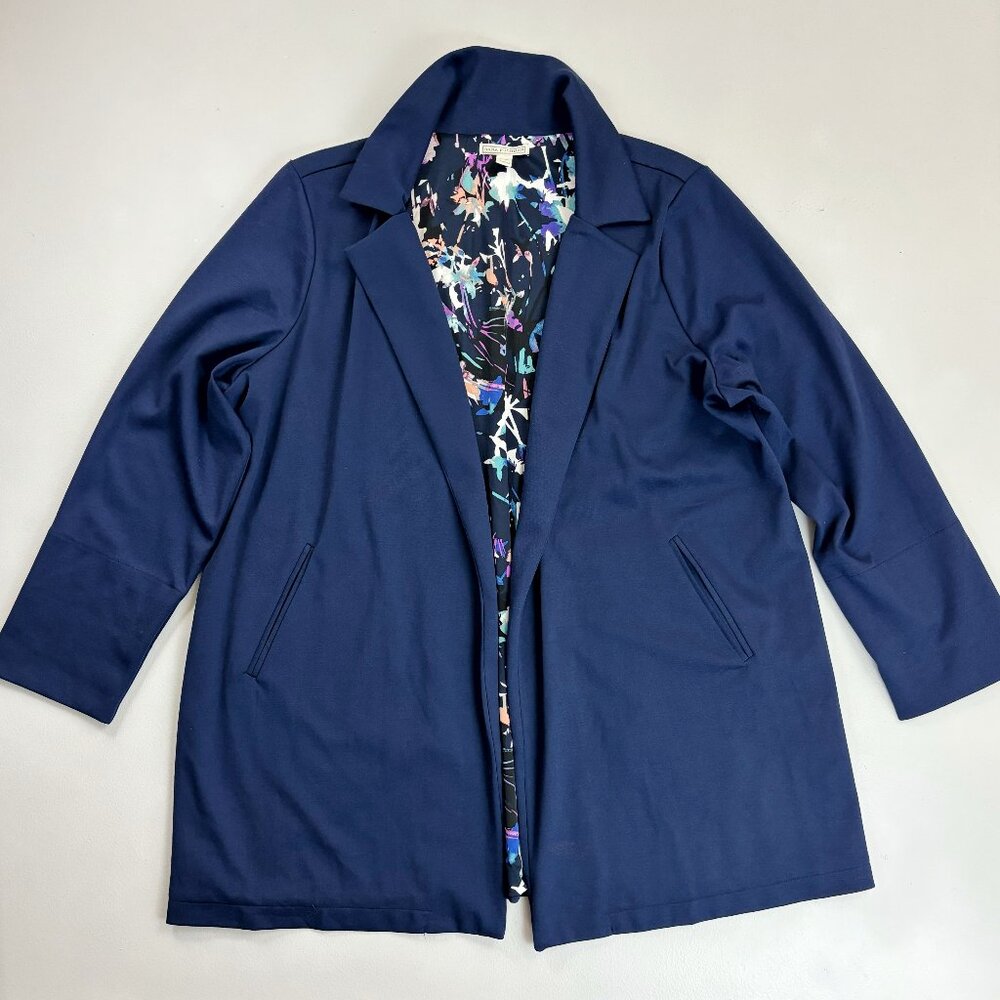 DANA BUCHMAN Heavy Soft Knit Open Blazer XXL Floral Lined Dark Blue